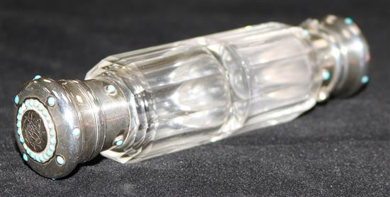 A Victorian double-ended glass scent bottle by Howell & James, the mounts set with turquoise beads